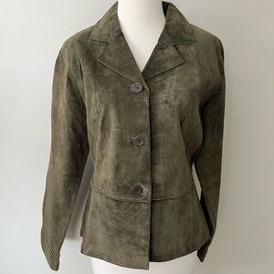 Olive Green Suede Leather Button Up Jacket